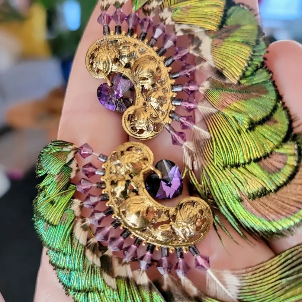 Artisan Filgree Ashlock Peacock Feather Amethyst 23k Gold Plated Earrings
